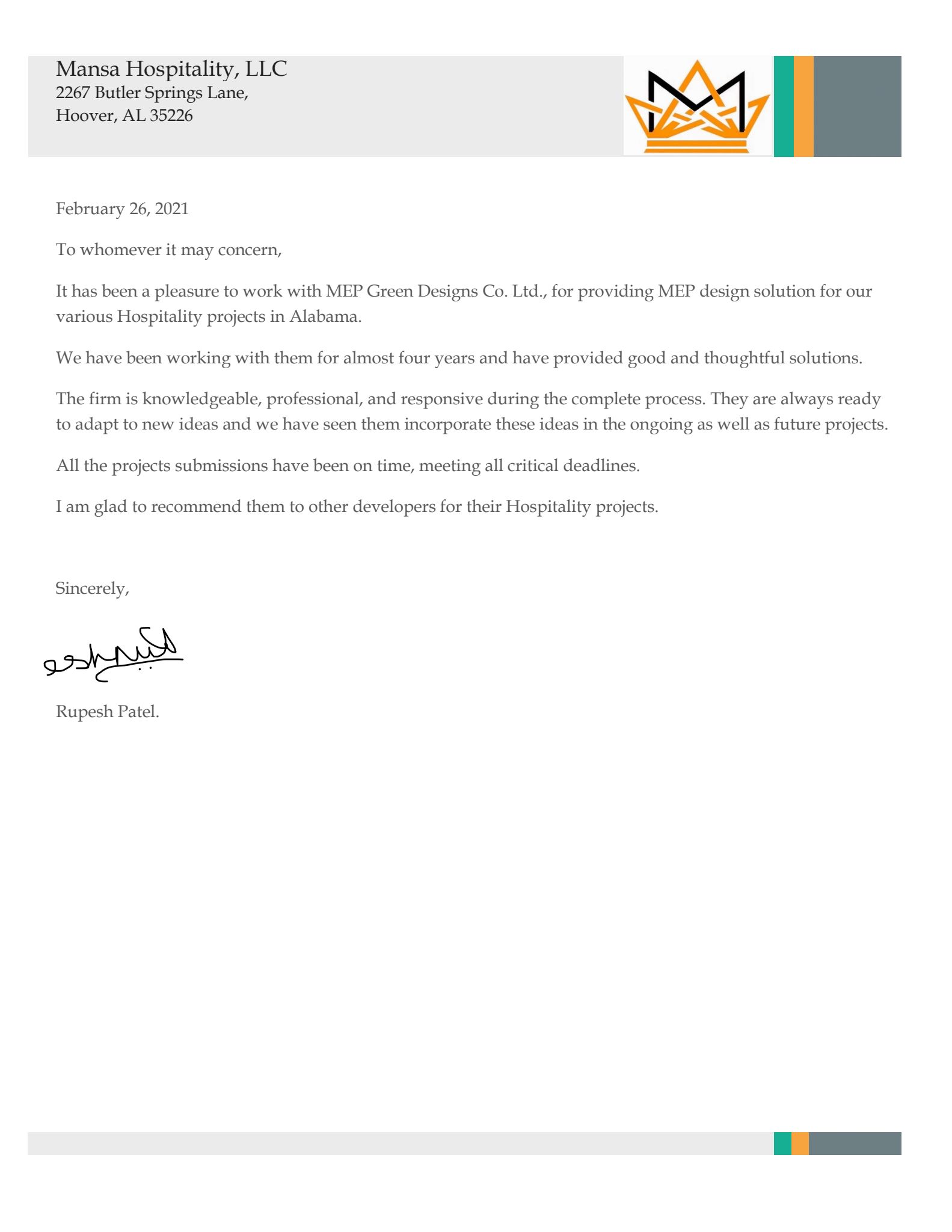 5. Mansa Hospitality, LLC- MEP Green Recommendation Letter