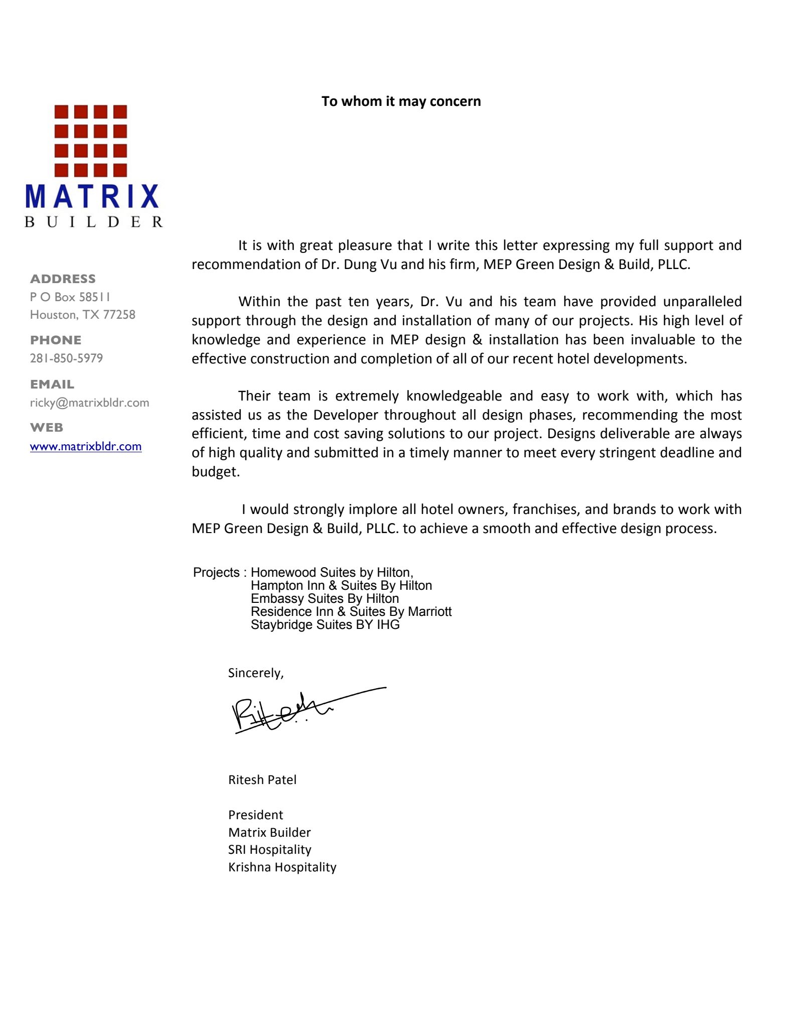 Matrix Builders (Ricky Patel) - MEPG Recommendation Letter