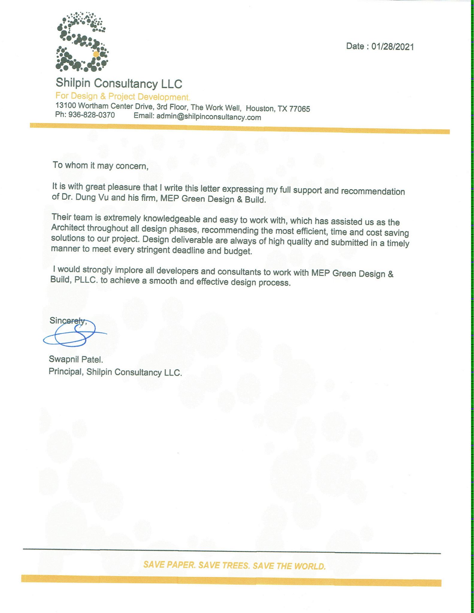 Shilpin Consultancy LLC (Swapnil Patel) - MEPG Recommendation Letter