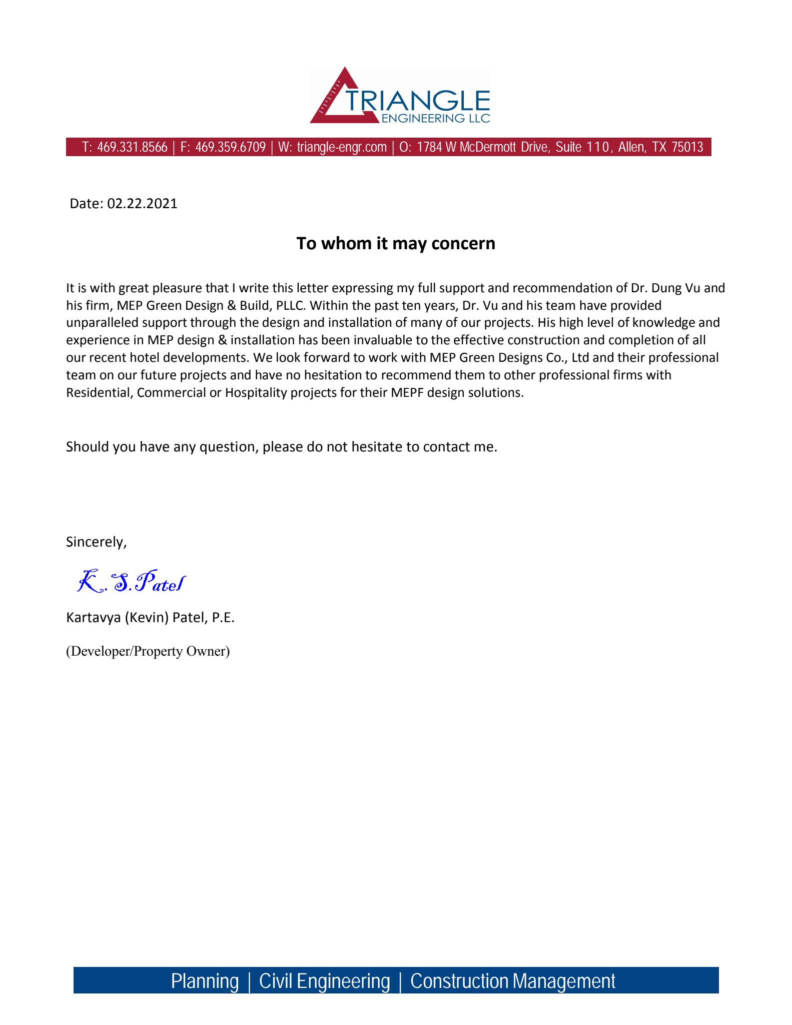 Triangle Engineering LLC - MEPG Recommendation Letter