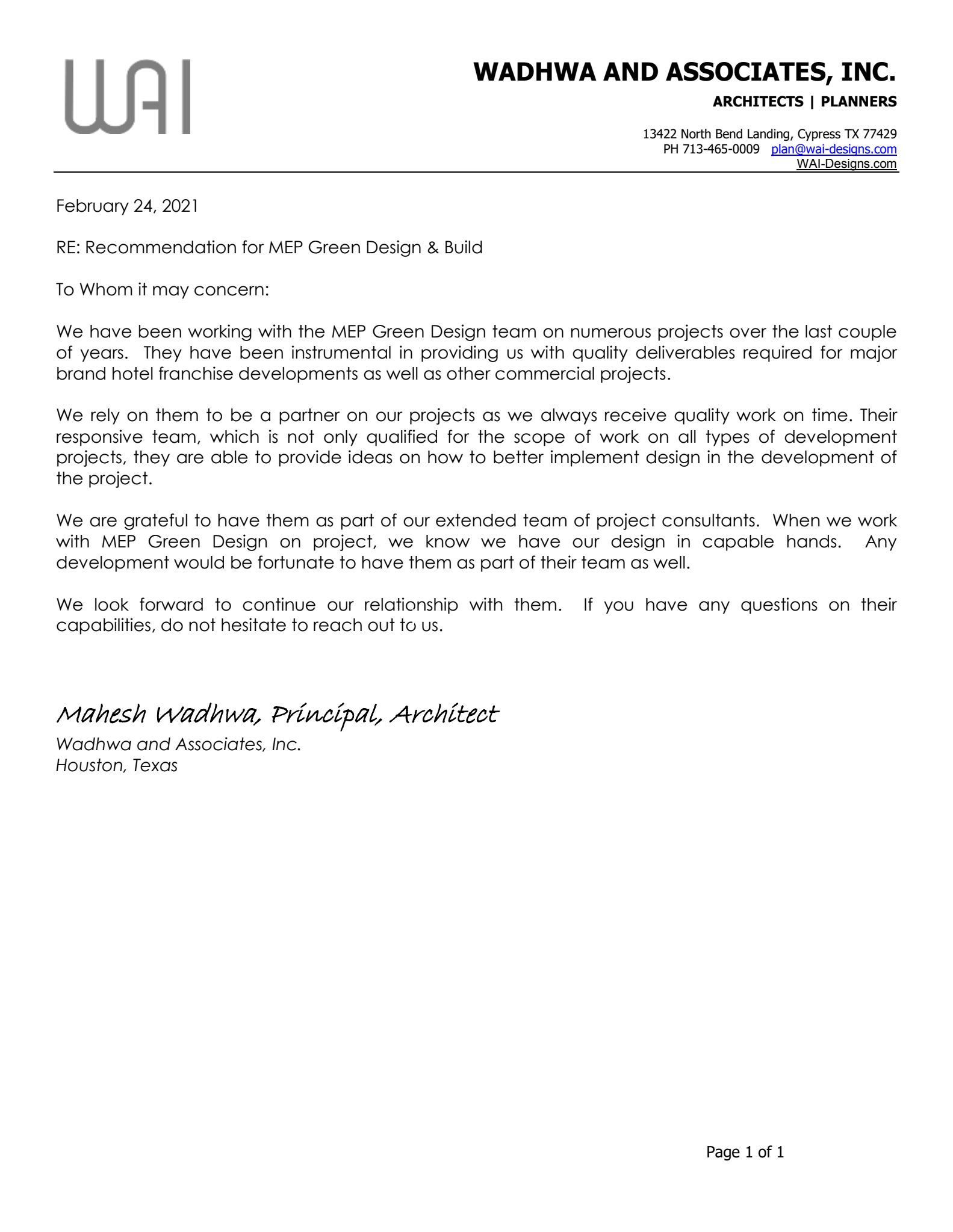 WAI - MEPG Recommendation Letter