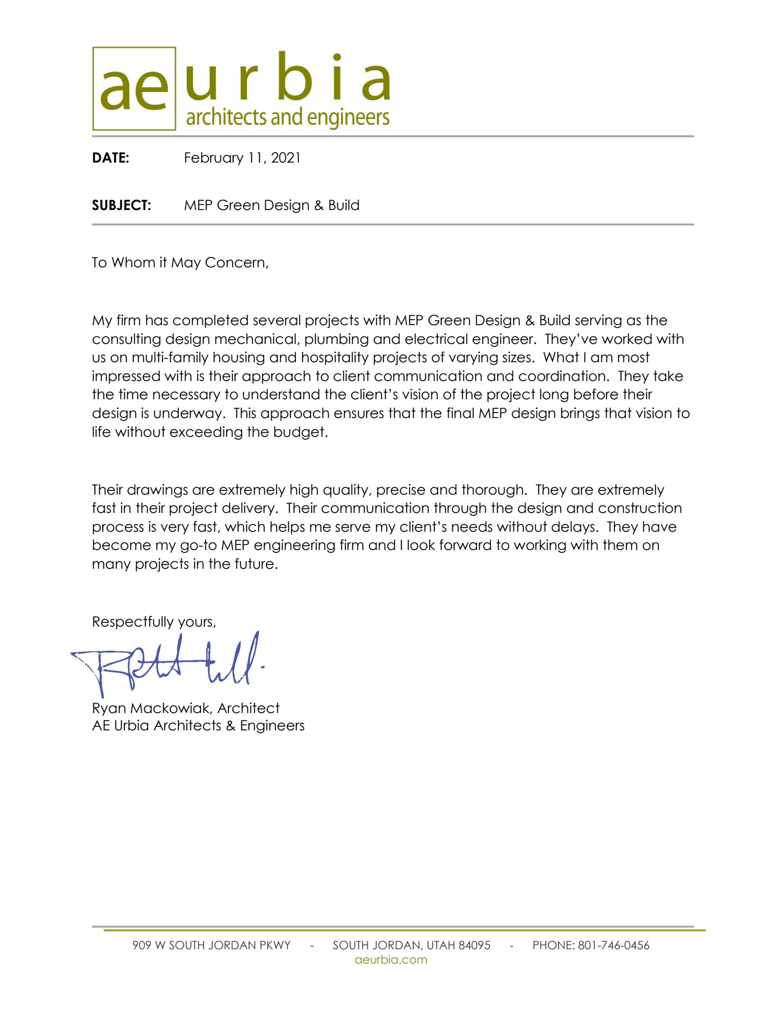 aeurbial - MEPG Recommendation Letter